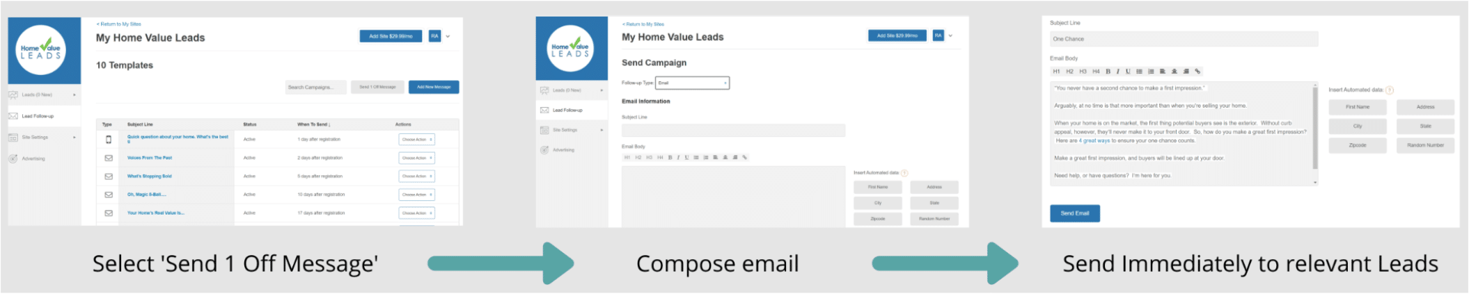 Screenshot of Email set up to relevant leads